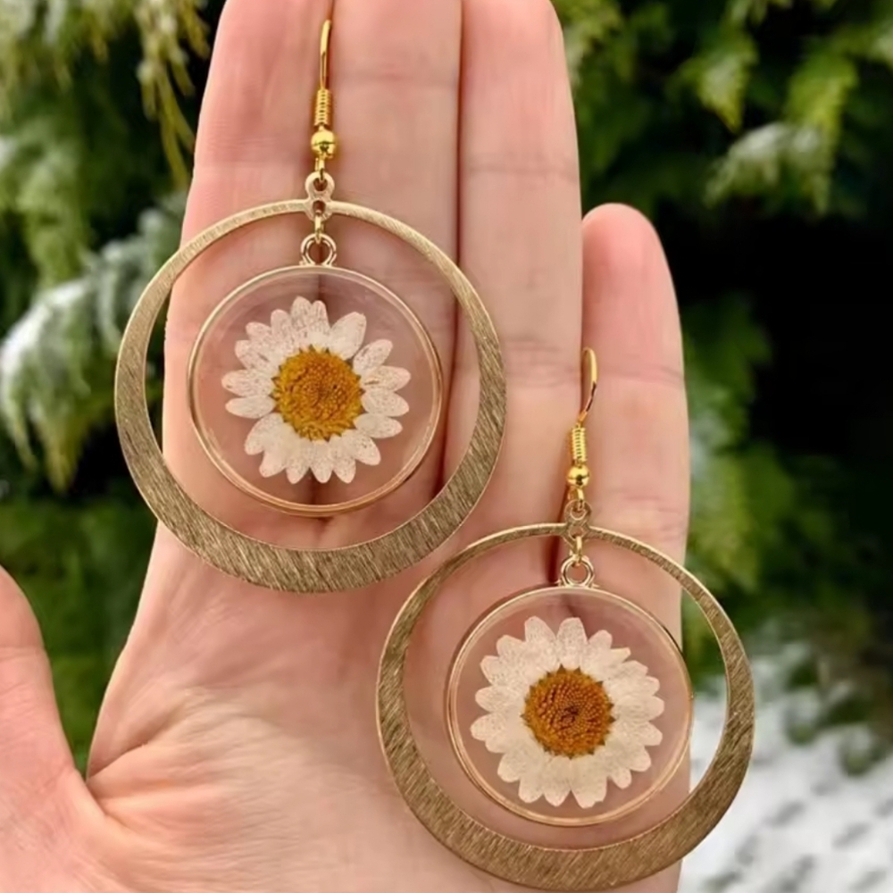 Gold and White Daisy Hoop Earrings